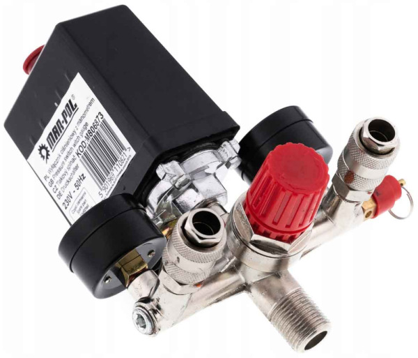 Tlakový spínač na kompresor 6-8 bar, 230V, 2 výstupy 1/4" s manometrami, MAR-POL 2