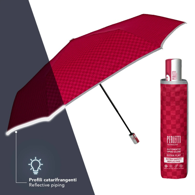 Dámsky plnoautomatický dáždnik Perletti Technology Red – reflexný, extra flat, 21816