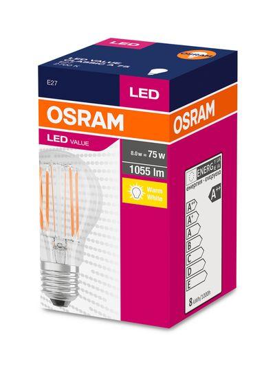 Žiarovka OSRAM® LED FIL 075 (ean8669) non-dim, 8W/827 E27 2700K Value CLASSIC A