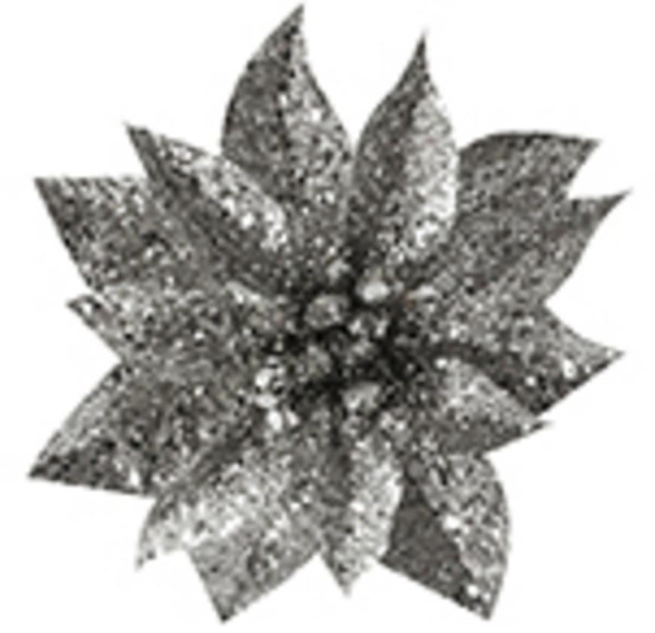 X Kvet MagicHome Vianoce GlitterPoinsettia, so štipcom, strieborný, veľkosť kvetu: 9 cm, dĺžka kvetu