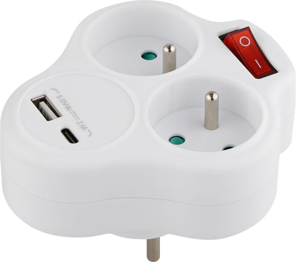 Zásuvka Strend Pro, rozbočovacia, rozdvojka, biela, 2x 16 A, USB A+C, vypínač