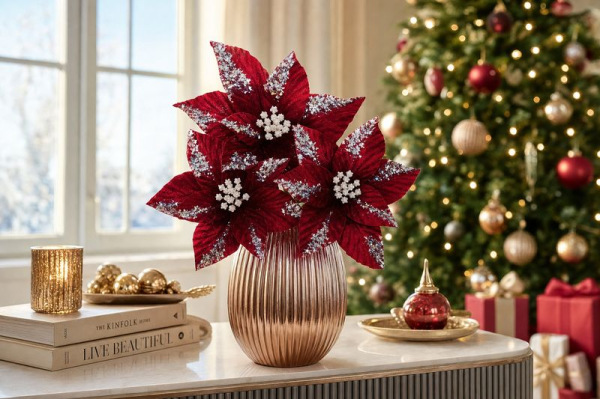 Kvet MagicHome Vianoce, poinsettia, burgundská červená, 20 cm, veľkosť kvetu: 21 cm 1