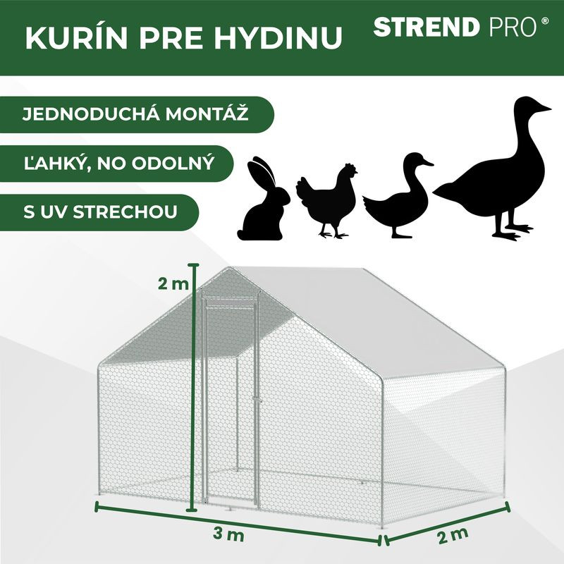 Kurín Strend Pro, pre hydinu, voliéra, klietka, kurnik, so strechou, 3x2x2 m