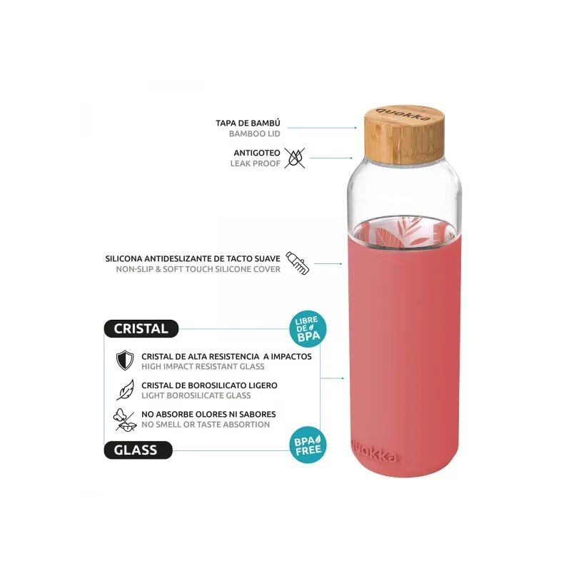 QUOKKA FLOW Sklenená fľaša so silikónovým povrchom PINK BOTANICAL, 660ml, 40006