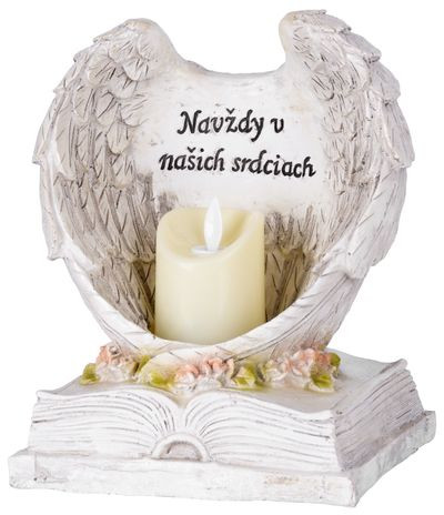 Dekorácia MagicHome, Anjelské krídla na knihe so sviečkou, 1xLED, polyresin, na hrob, 18x13,5x20 cm 1