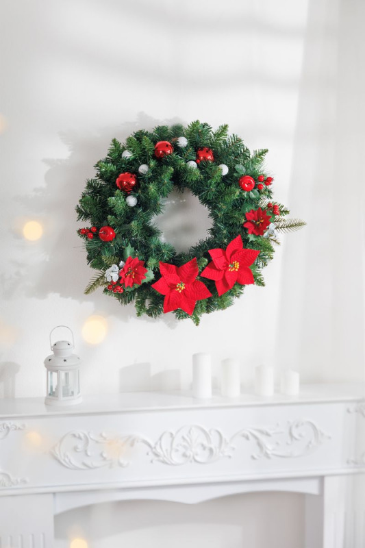 Vetvička MagicHome Vianoce, s kvetom poinsettia, červená, 24 cm 2