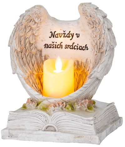 Dekorácia MagicHome, Anjelské krídla na knihe so sviečkou, 1xLED, polyresin, na hrob, 18x13,5x20 cm