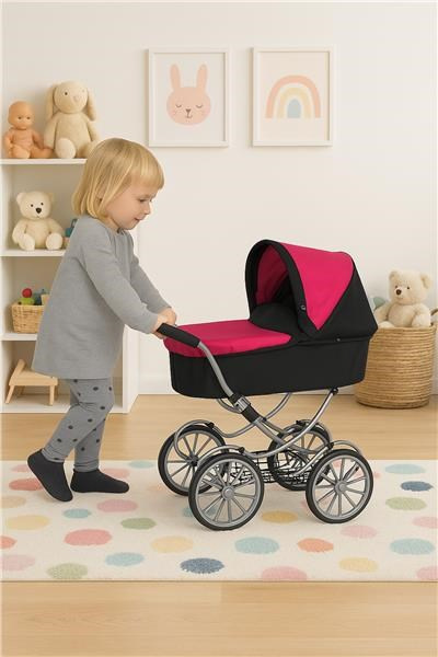 Retro kočík pre bábiky PlayTo Betty sivo-ružový 1