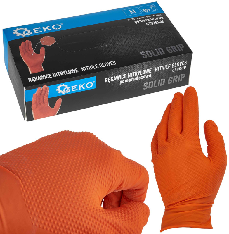 Rukavice nitrilové oranžové, sada 50ks, veľkosť M, SOLID GRIP, GEKO