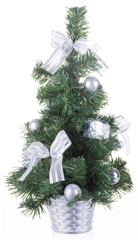 Stromček MagicHome Vianoce, ozdobený, strieborný, mašľa, 30 cm