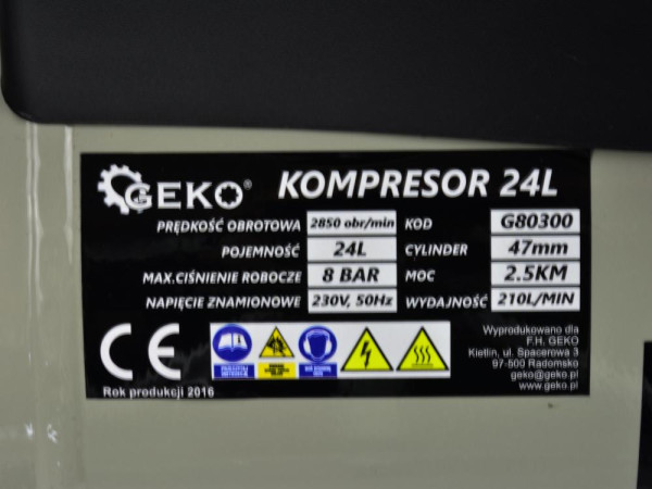 Kompresor olejový 1-piestový 1,8 kW, 210 l/min, vzdušník 24 litrov, GEKO 3