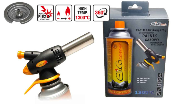 Spájkovacia lampa s piezo zapaľovačom a kartušou 220g, otočný uzáver, ELICO 5