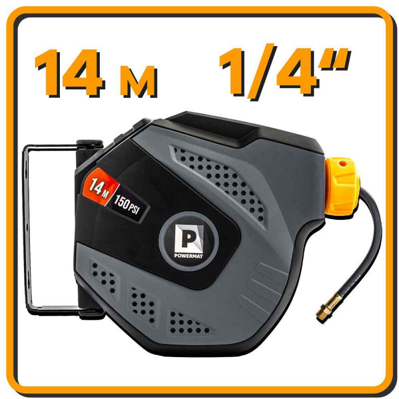 Navíjací bubon s držiakom na stenu s hadicou na vzduch, 6,5 x 10 mm, dĺžka 14 m, POWERMAT 12