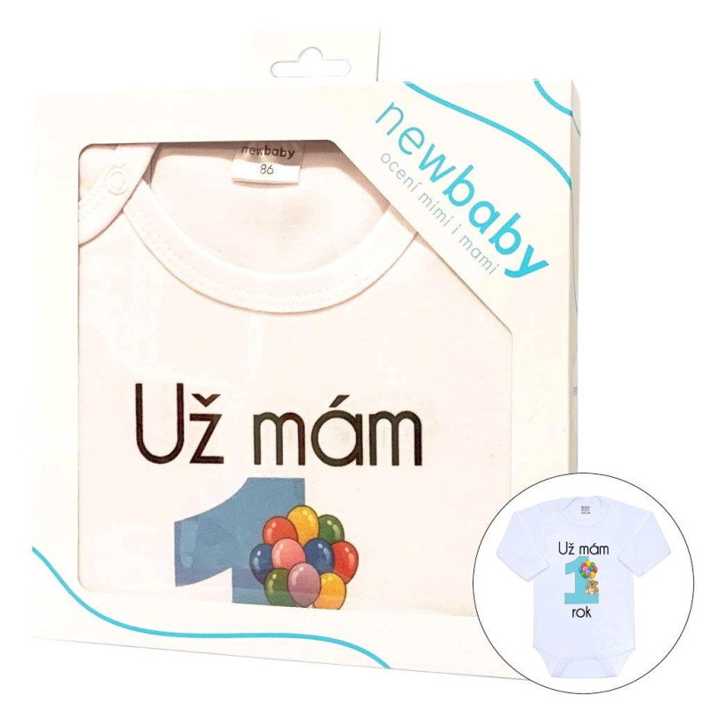Body s potlačou New Baby Už mám 1 rok modré - darčekové balenie 80 (9-12m) 2