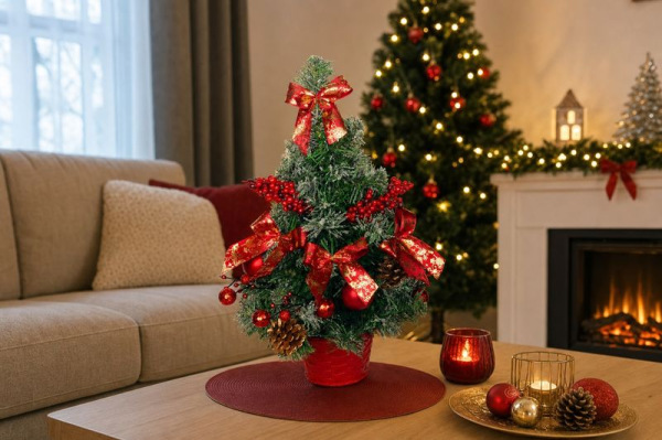 Stromček MagicHome Vianoce, ozdobený, zasnežený, červený, 40 cm 1