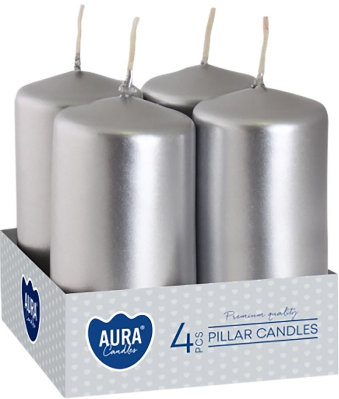 Sviečky AURA, valec, strieborná metalíza, 40x80mm, 9h, 80g, bal. 4ks