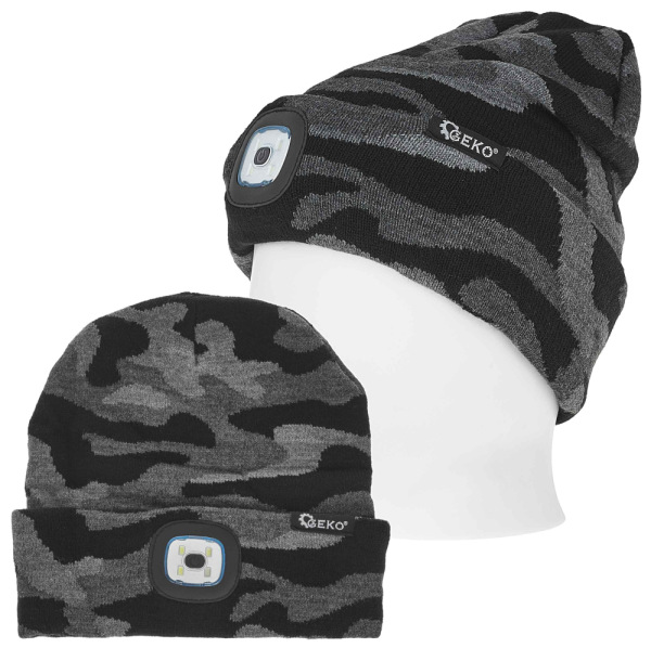 Zimná čiapka s LED svetidlom, čierno sivá, GEKO 1