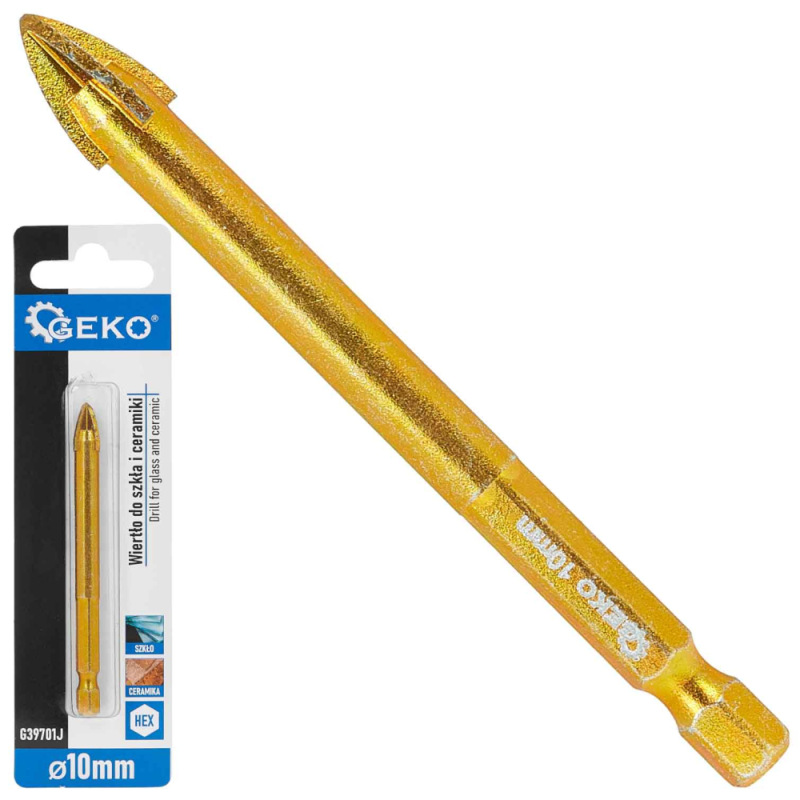 Vrták do skla a keramiky 10 mm, 4-britý, stopka 1/4", GEKO